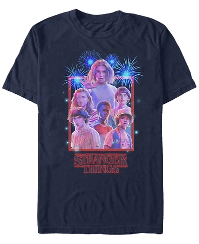 Stranger Things Men's Group Shot Fireworks Poster Short Sleeve T-Shirt