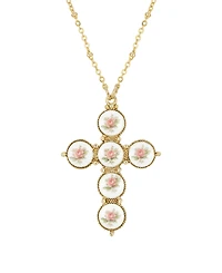 2028 Gold-Tone Pink Flower Decal Cross 30" Necklace