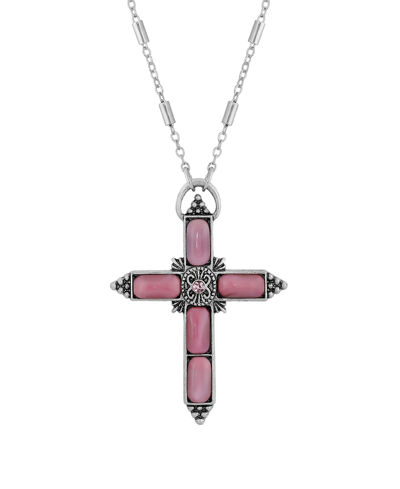 Symbols of Faith Silver-Tone Moonstone Crystal Cross 20" Necklace