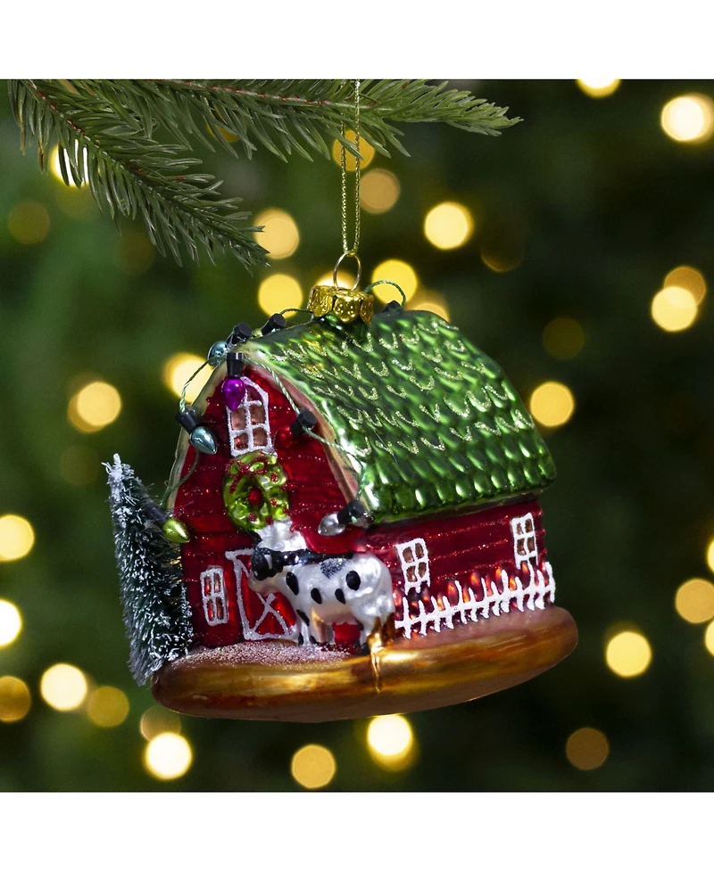 Northlight Festive and Barn with Roof Glass Christmas Ornament