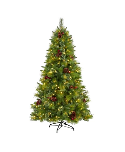 Nearly Natural Montana Mixed Pine Artificial Christmas Tree with Pine Cones, Berries and 350 Clear Led Lights
