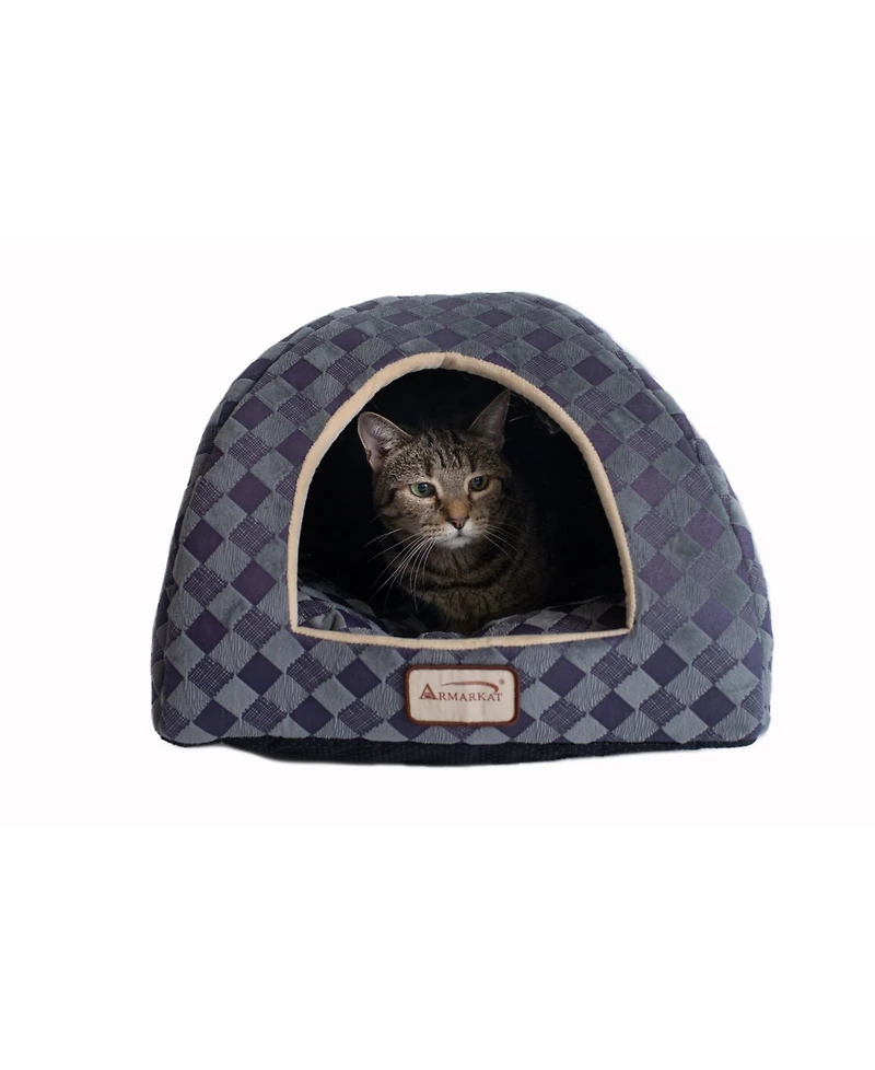 Armarkat Cat Bed C65HHG/Ls For Indoor Cats, Purple Gray Combo Checkered Pattern With Removable Washable Cushioned Pillow