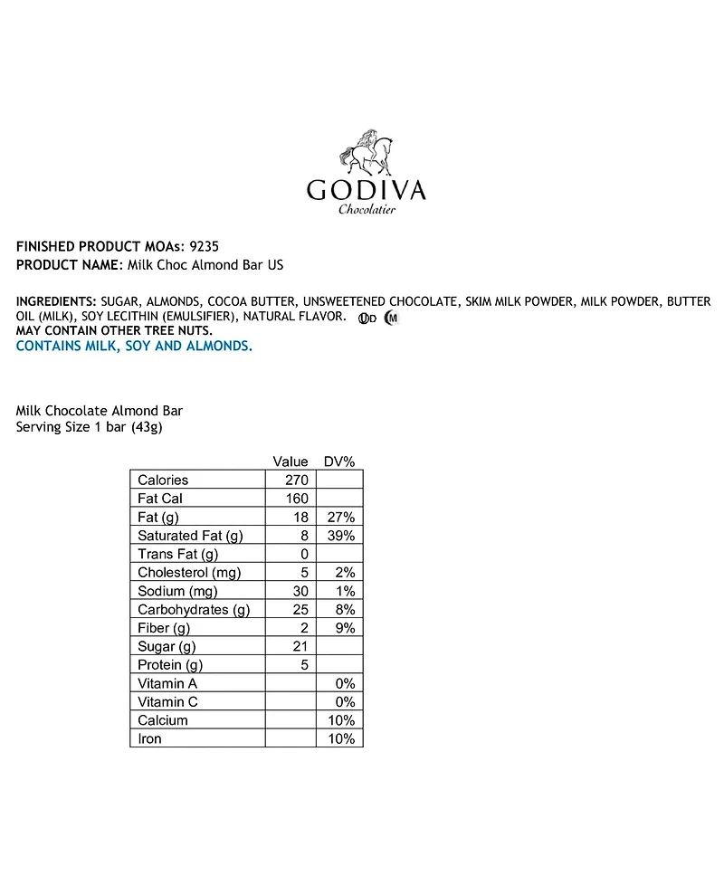 Godiva Set of 24, Milk Chocolate Almond Bars
