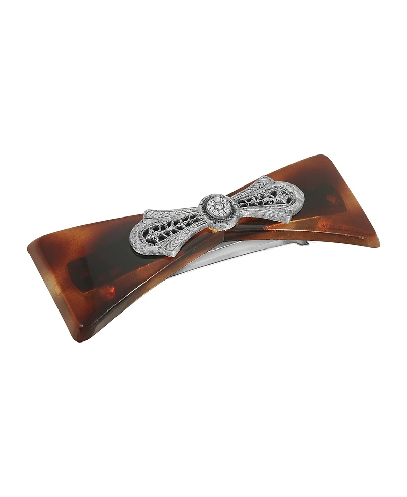 Women's Tortoise with Silver-Tone Filigree and Crystal Accent Barrette