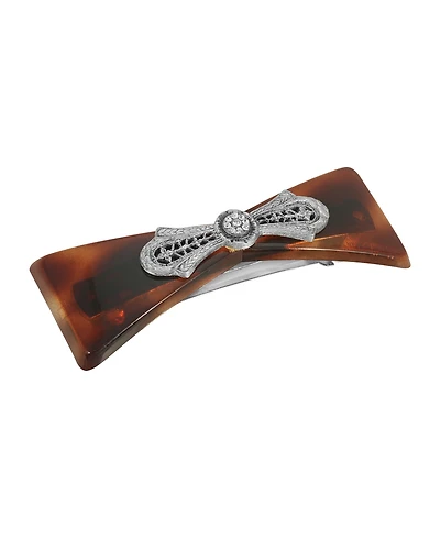 Women's Tortoise with Silver-Tone Filigree and Crystal Accent Barrette