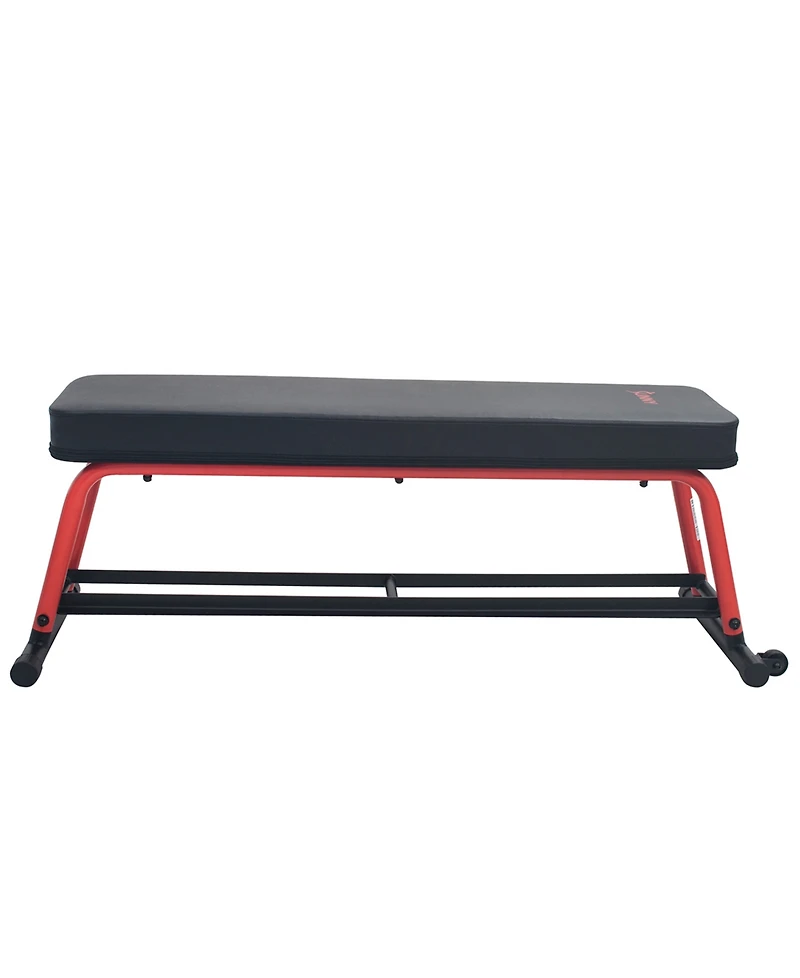 Sunny Health & Fitness Power Zone Strength Flat Bench with 550 lb Max Weight, Dumbbell Rack and Transport Wheels