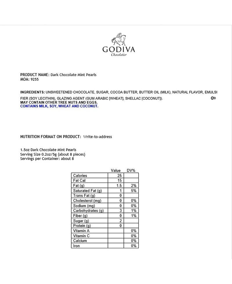 Godiva Dark Chocolate Mint Pearls, Set of 18