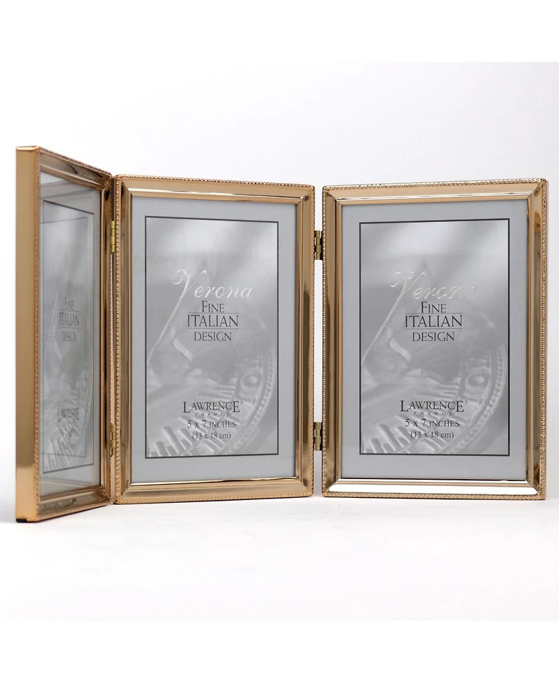 Polished Metal Hinged Triple Picture Frame - Bead Border Design, 5" x 7"