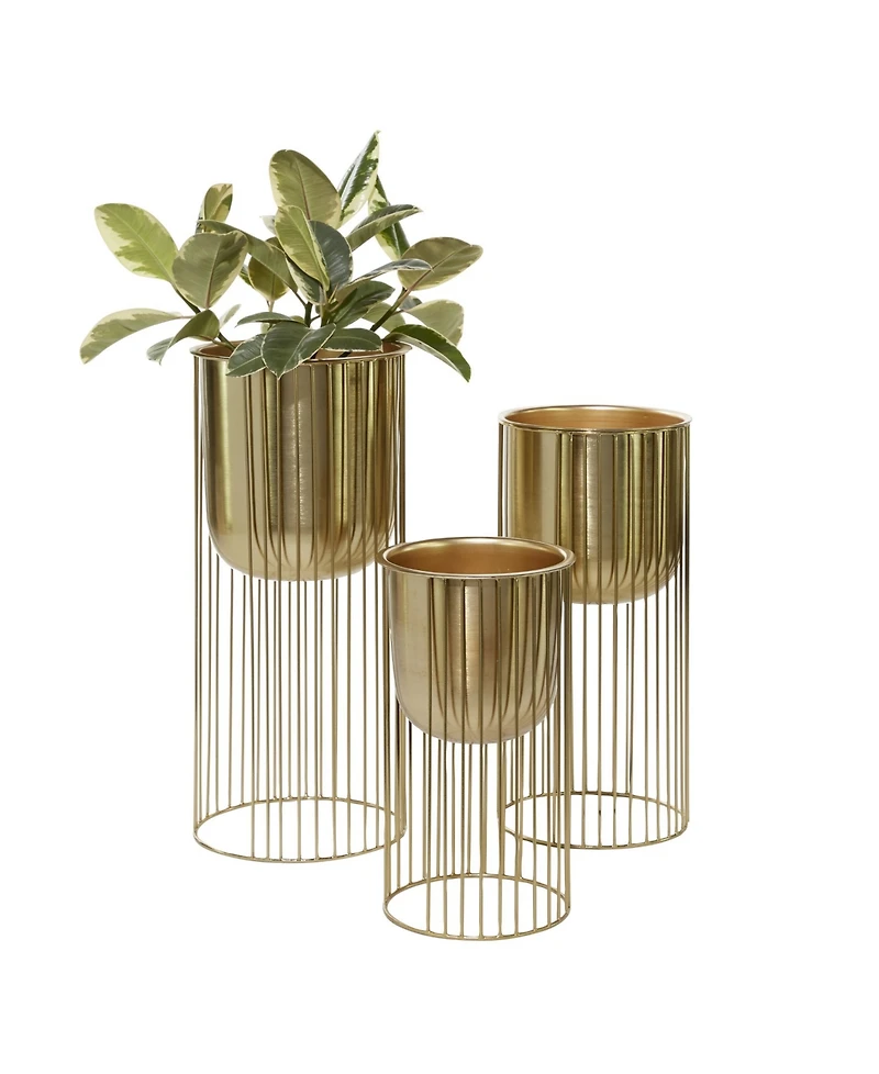 Large Eclectic Metal Planters with Stands, Set of 3