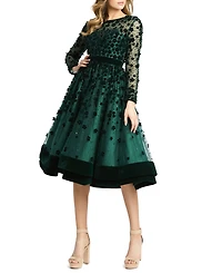 Women's Embellished Illusion High Neck Long Sleeve Fit & Flare Dress