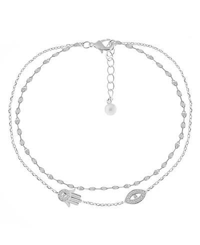 And Now This Double Row Cubic Zirconia Hamsa Hand and Evil Eye Anklet in Silver Plate