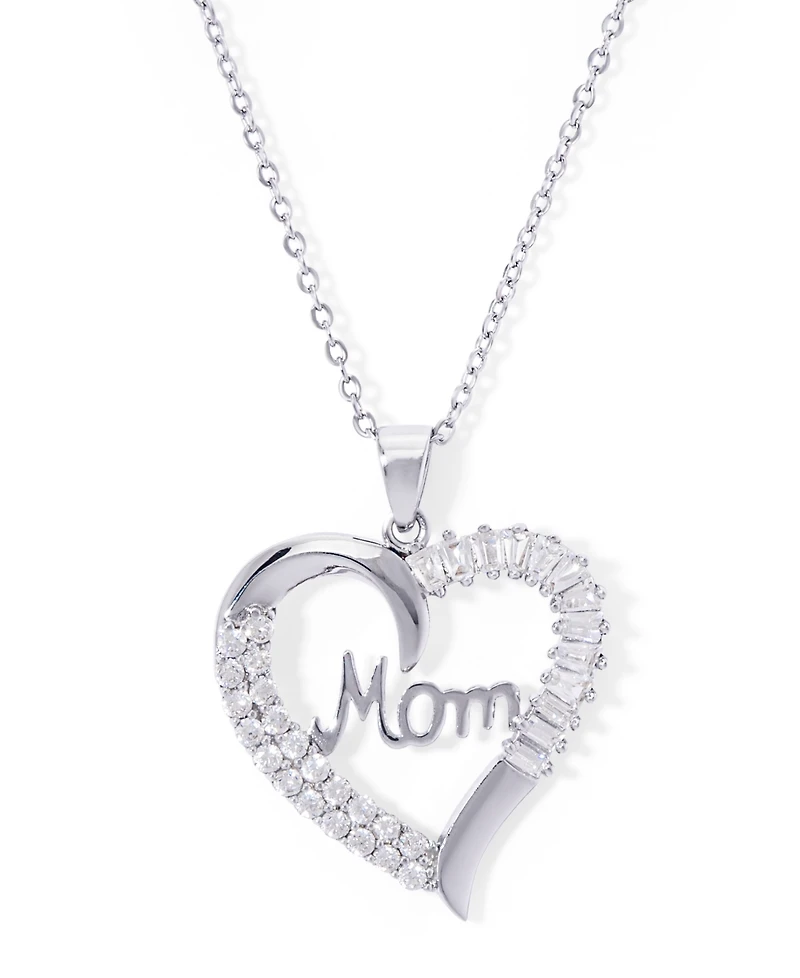 Cubic Zirconia Mom Heart Pendant 18" Necklace in Silver Plate
