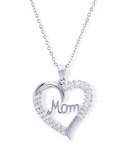 Cubic Zirconia Mom Heart Pendant 18" Necklace in Silver Plate