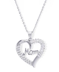 Cubic Zirconia Mom Heart Pendant 18" Necklace in Silver Plate