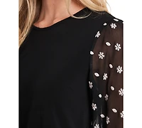 CeCe Women's Crewneck Puff 3/4-Tie Sleeve Knit Top