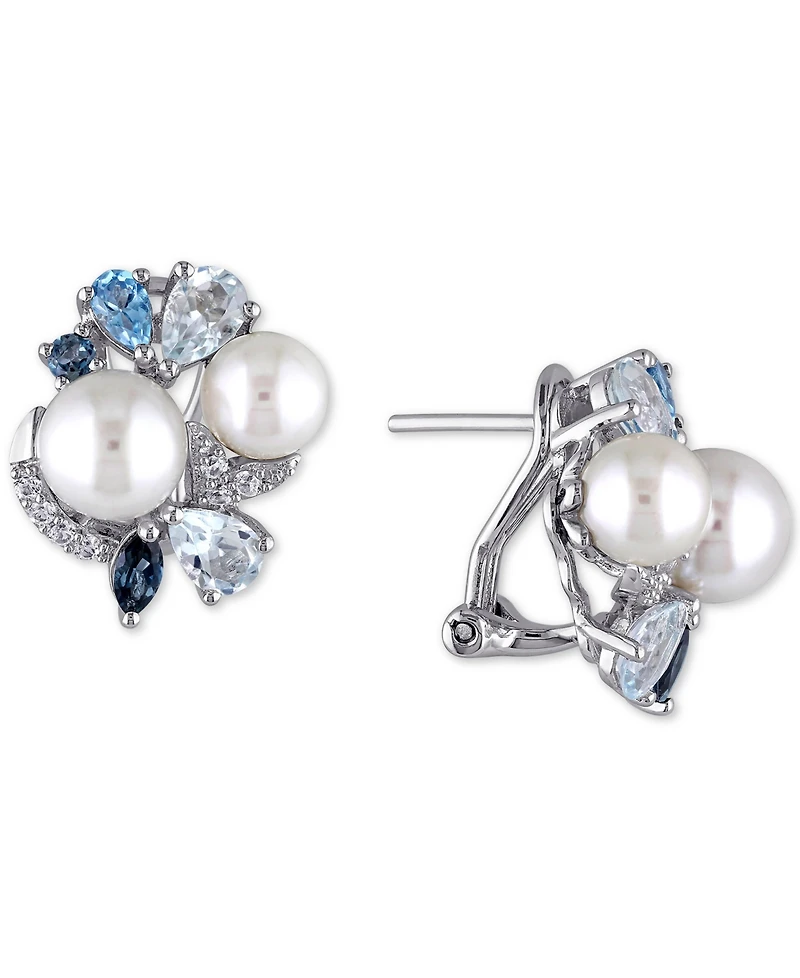 Cultured Freshwater Pearl (6-1/2 & 7-1/2mm) & Multicolor Topaz (3 ct. t.w.) Stud Earrings in Sterling Silver