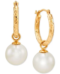 Cultured Freshwater Pearl (9mm) Dangle Hoop Earrings in 14k Gold