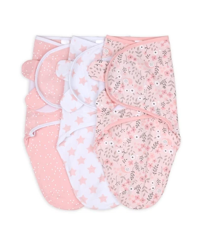 The Peanutshell Newborn Swaddles for Baby Girls, 3 Pack Set, Pink Floral Stars