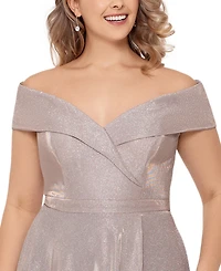 Xscape Plus Size Off-the-Shoulder Glitter Gown