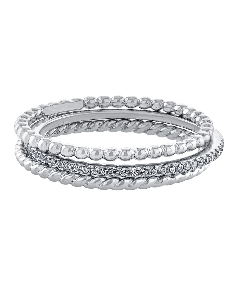 Cubic Zirconia and Twisted Band Beaded Stackable Ring Trios Gold Over Sterling Silver