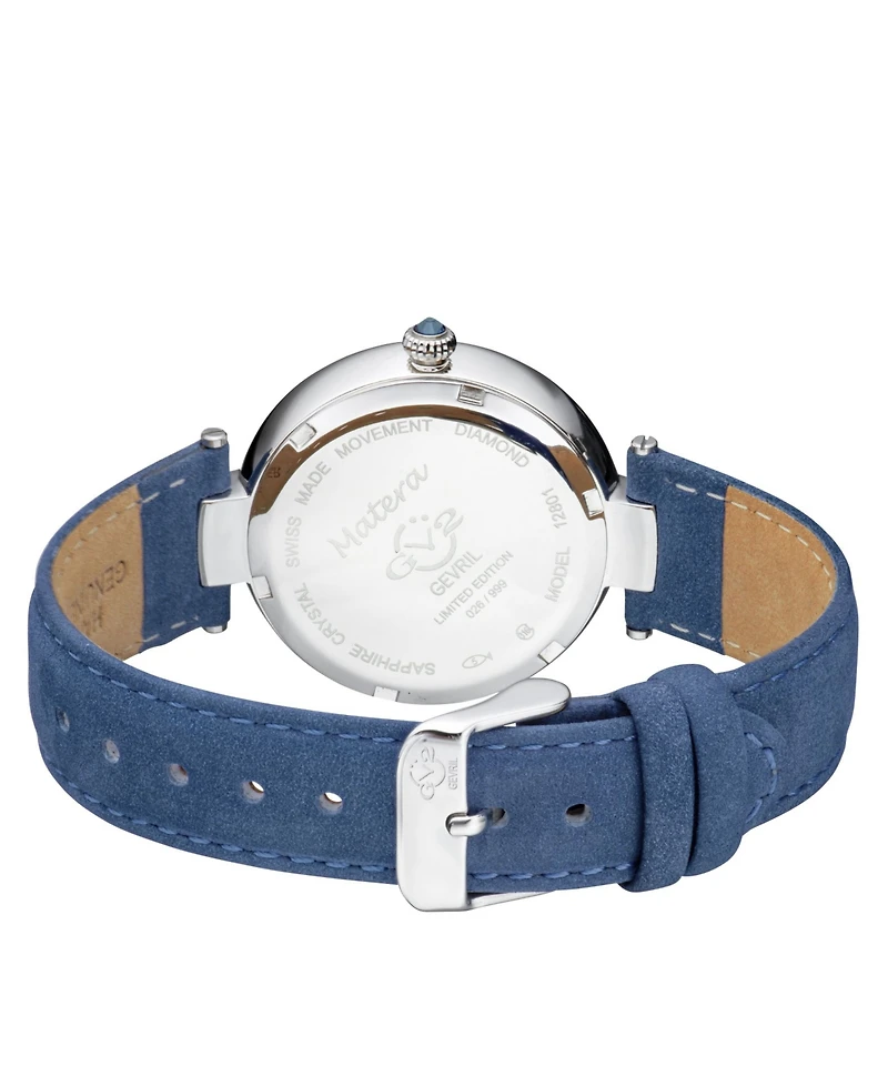 Gevril Women's Matera Swiss Quartz Blue Italian Suede Strap Watch 35mm
