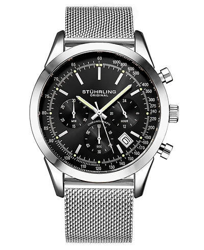 Men's Quartz Chronograph Date Silver-Tone Stainless Steel Mesh Bracelet Watch 44mm