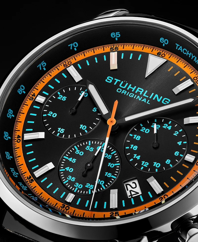 Men's Chrono Black Genuine Leather Strap Watch 44mm