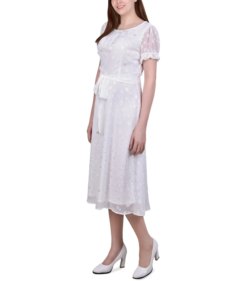 Ny Collection Petite Short Sleeve Belted Swiss Dot Dress