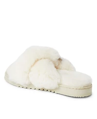 Fireside By Dearfoams Women's New Castle Genuine Shearling Cross Band Fuzzy Slide Slipper