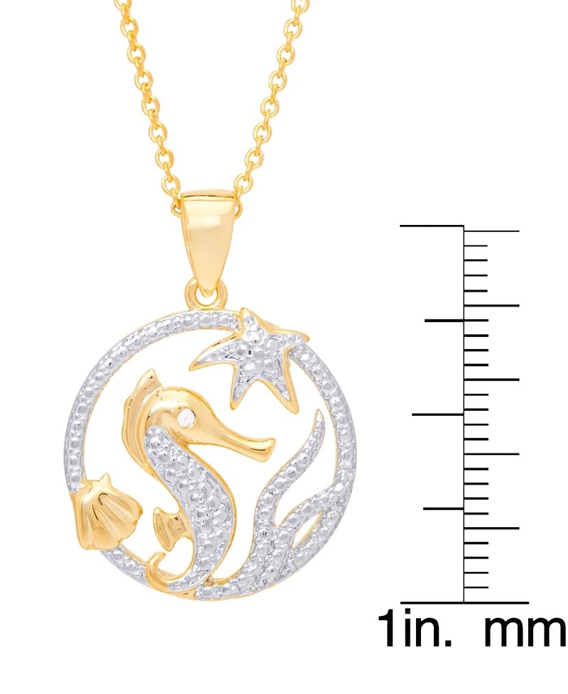 Diamond Accent Seahorse Medallion Pendant 18" Necklace in Gold Plate