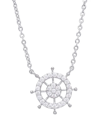 Cubic Zirconia Ship Wheel Pendant 18" Necklace in Silver Plate
