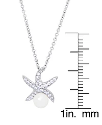 Genuine Freshwater Pearl Cubic Zirconia Starfish Pendant 18" Necklace in Silver Plate