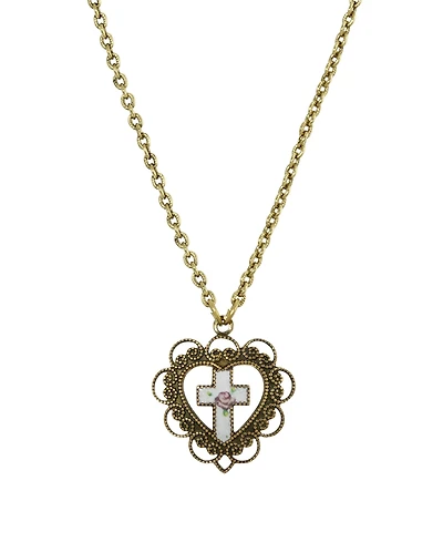 Gold-Tone Heart with White Floral Cross Necklace