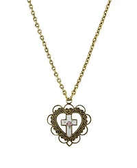 Gold-Tone Heart with White Floral Cross Necklace