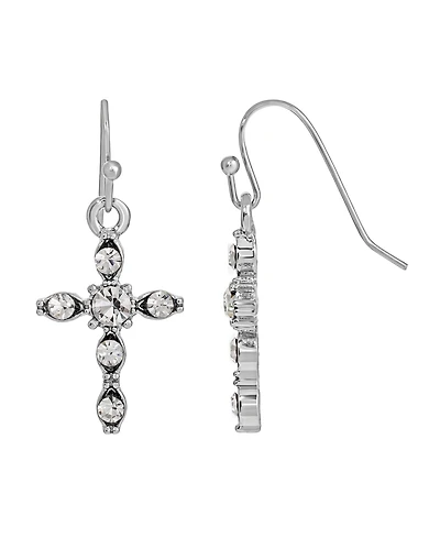 Silver-Tone Crystal Cross Drop Earrings