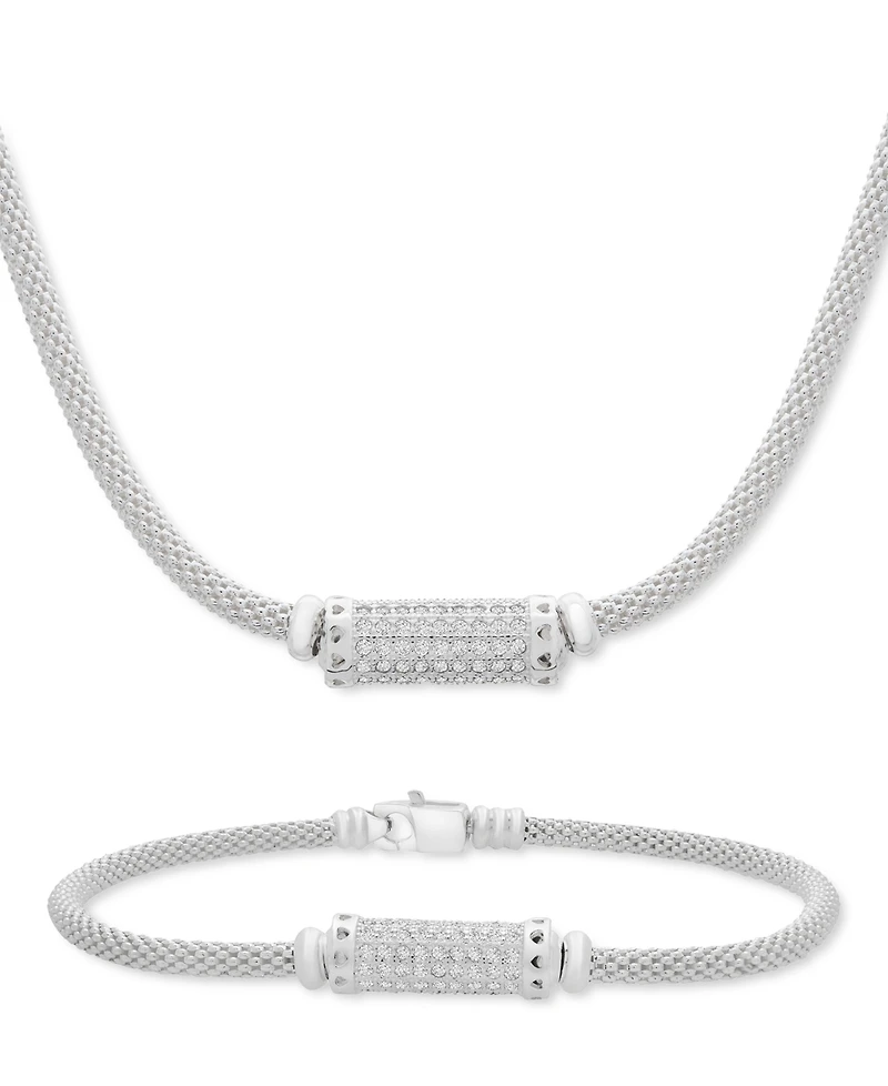 Cubic Zirconia Mesh Popcorn Statement Necklace in Sterling Silver, 18" + 2" extender
