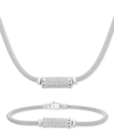 Cubic Zirconia Mesh Popcorn Statement Necklace Bracelet Collection In Sterling Silver