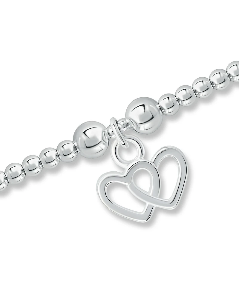 Bead Double Heart Charm Bracelet in Silver Plate