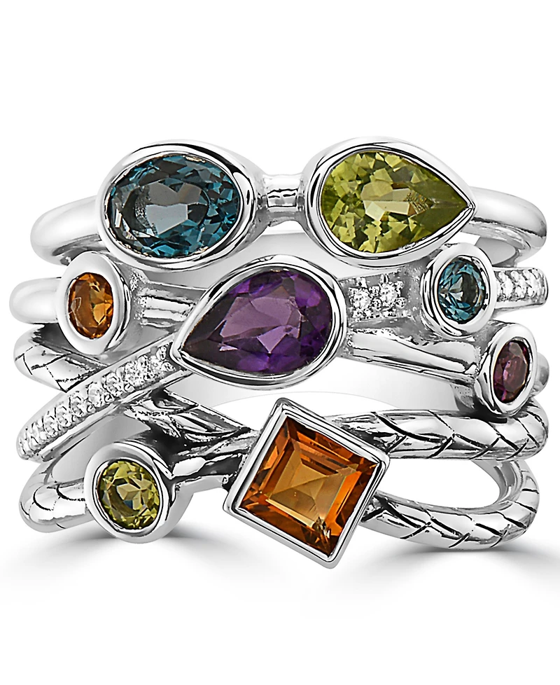 Effy Multi-Gemstone (1-3/4 ct. t.w.) & Diamond (1/10 ct. t.w.) Multirow Ring in Sterling Silver