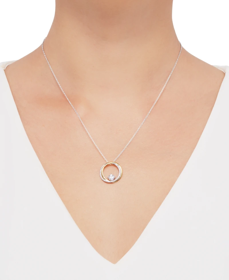 Cubic Zirconia Double Circle 18" Pendant Necklace in Sterling Silver & 14k Gold-Plate