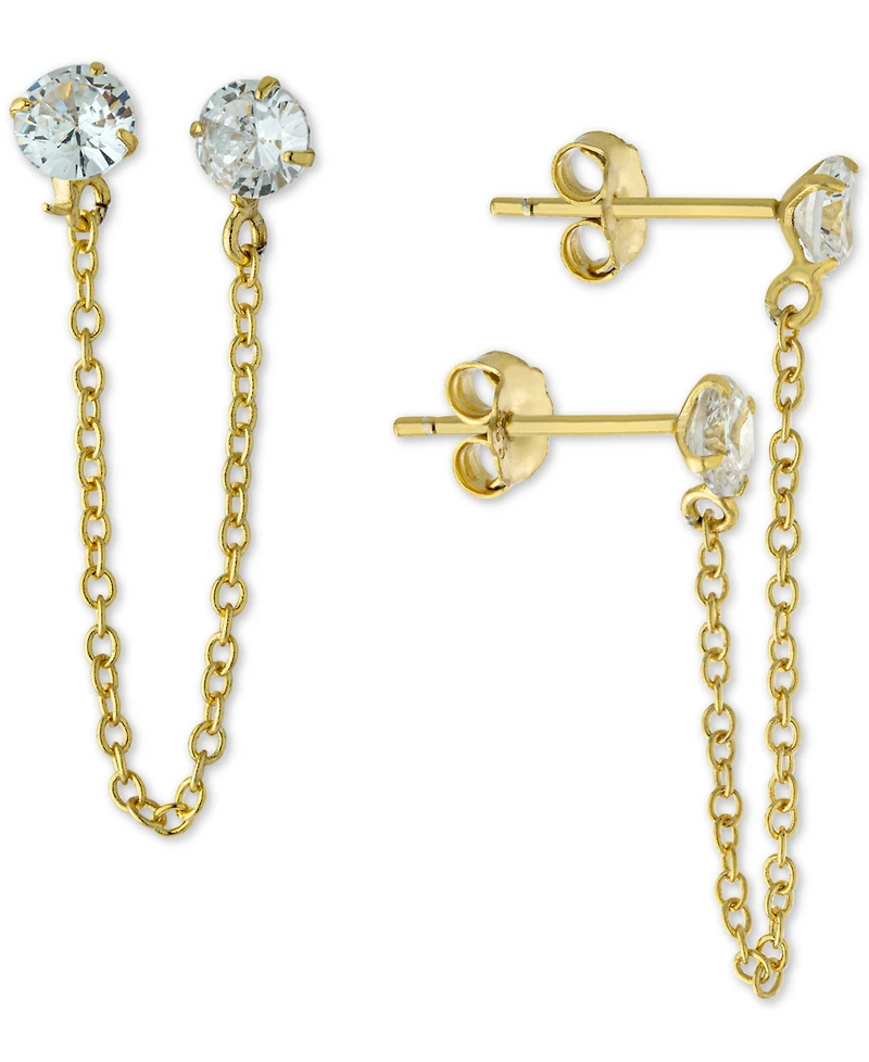 Cubic Zirconia Chain Double Pierced Chain Drop Earrings in Gold-Plated Sterling Silver