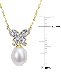 Cultured Freshwater Pearl (9mm) & Diamond (1/5 ct. t.w.) Butterfly 17" Pendant Necklace in 10k Gold