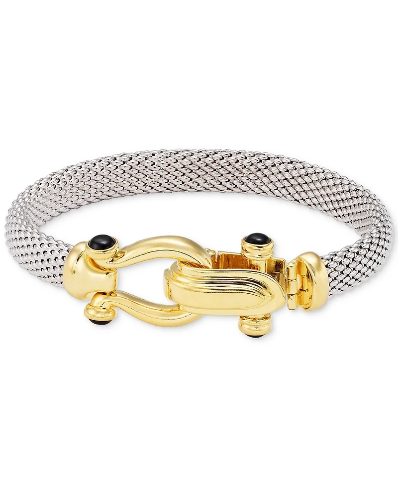 Italian Gold Horseshoe Bangle Bracelet with Black Spinel Accents in Sterling Silver and 14k Gold over Silver