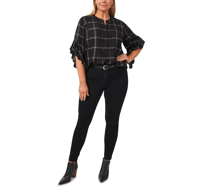 Vince Camuto Plus Size Plaid Pintuck V-Neck 3/4- Flutter-Sleeve Blouse