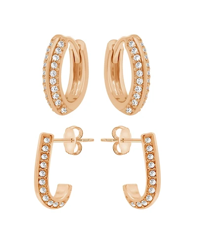 And Now This Cubic Zirconia Crystal Huggie Hoop and J Hoop Duo Earring Set, Rose Gold Plate