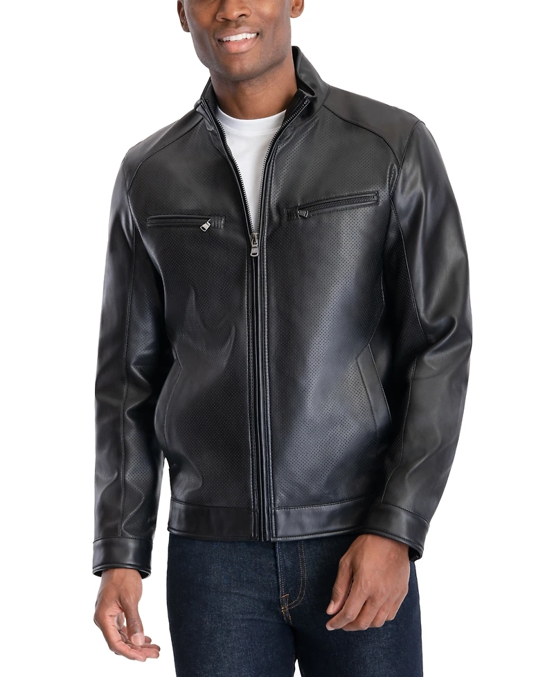 Michael Kors Men's Perforated Faux Leather Moto Jacket, Created for Macy's