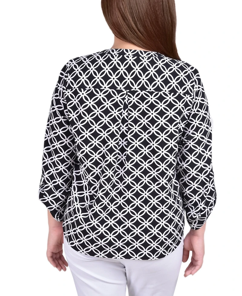 Ny Collection Plus 3/4 Sleeve Roll Tab Y Neck Blouse