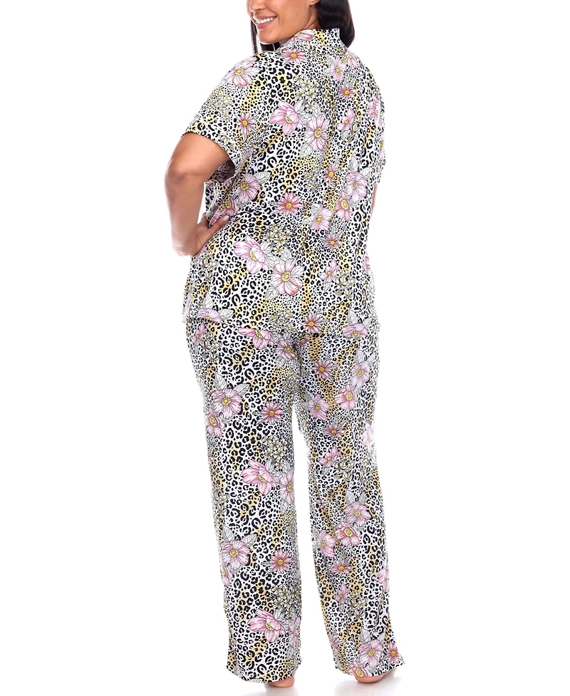 White Mark Plus Short Sleeve Pants Tropical Pajama Set, 2-Piece