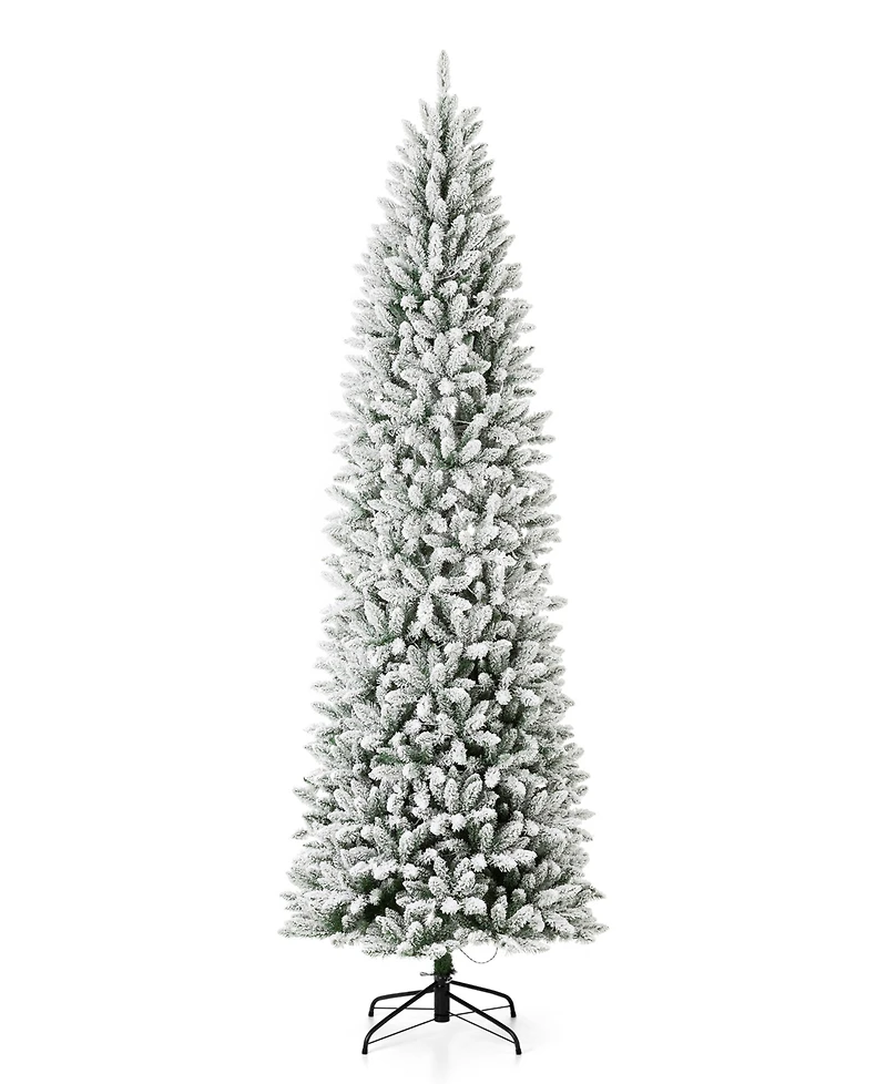 Glitzhome Pre-Lit Flocked Pencil Fir Artificial Christmas Tree with 600 Warm White Lights, 9'
