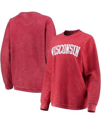 Women's Red Wisconsin Badgers Comfy Cord Vintage-Like Wash Basic Arch Pullover Sweatshirt